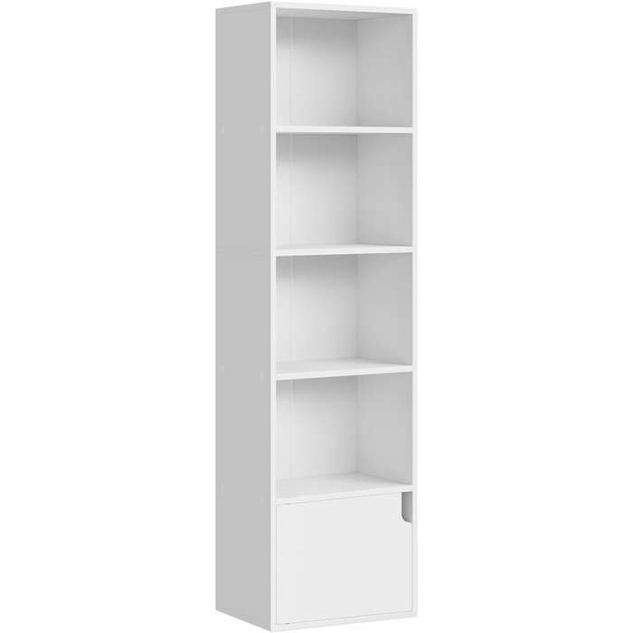 Біла книжкова полиця eSituro, вузька полиця з дверцятами, 5 відділень, окремостояча кубічна полиця для вітальні, спальні, офісу, 5 відділень, біла