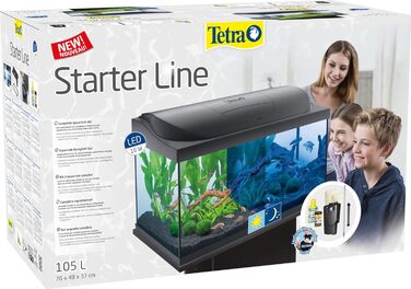 Комплектація акваріума Tetra Starter Line 54 л - в т.ч. денне і нічне світло, LED підсвічування, внутрішній фільтр, обігрівач, кондиціонер для корму для риб і води (з денним і нічним світлом, 105 літрів)