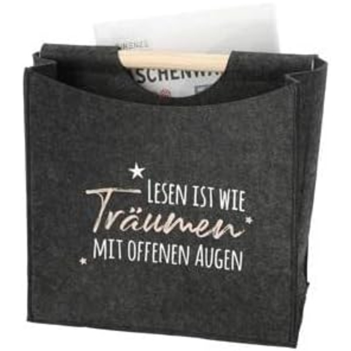 Стійка для газет Brandsseller Felt з дерев&39яною ручкою, приблизно 31 x 30 x 18 см, кошик/кишеня для газет - Читання - це як мріяти з відкритими очима - Антрацит