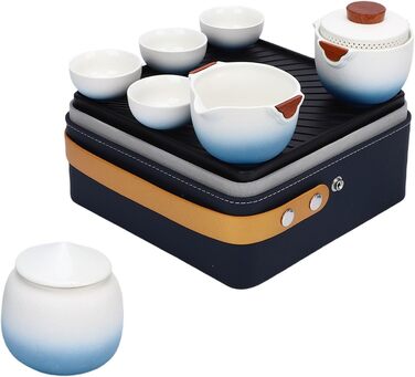 Похідний чайний сервіз Poenvfpo керамічний чайник для подорожей у шкіряній сумці-органайзері, ідеальний для автоподорожей та пікніків на природі