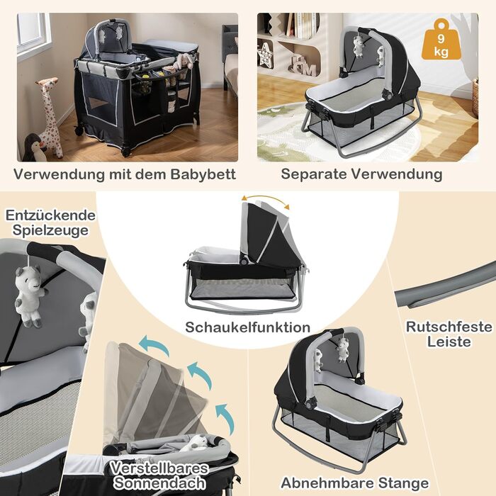 Ліжечко-дорожнє COSTWAY 6-в-1 з матрацом, портативна дитяча колиска з регульованим балдахіном, складне дитяче ліжко/спальне місце з пеленальний килимок, музичний мобіль та сумка для перенесення для дітей до 3 років, вантажопідйомність 15 кг (сірий) (1 упа