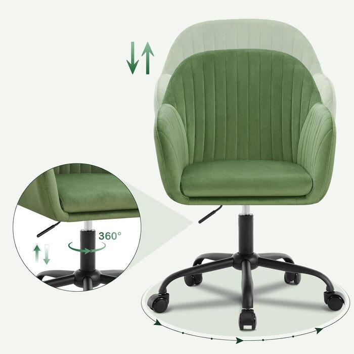 Офісне крісло WOLTU, ергономічне офісне крісло, крісло для домашнього офісу з регульованою висотою, туалетне крісло з підлокітниками, обертове крісло з колесами, оксамитове крісло з металевим каркасом, вантажопідйомність 150 кг, зелене