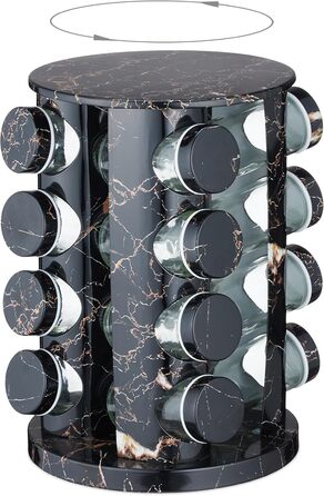 Карусель для спецій Relaxdays з 16 баночками для спецій, зі вставкою-шейкером, обертовий, багаторазовий блок для спецій, мармуровий вигляд, чорний