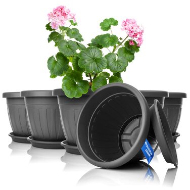 Квітковий горщик BigDean 6 шт. з блюдцем, круглий ø28xH20 см, антрацит - всепогодний горщик - водовідвідний, стійкий до ультрафіолету, виготовлений з ударостійкого пластику - підходить для використання в приміщенні та на вулиці - зроблено в Європі, антрац