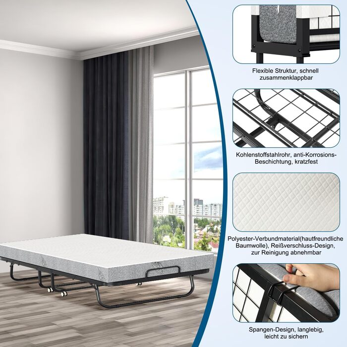 Розкладне ліжко ISOSIL 90x200 см Гостьове ліжко, розкладне з матрацом з пінопласту 13 см Гостьове ліжко, розкладне металевий каркас ліжка, розкладне ліжко на колесах, розкладне металеве ліжко, вантажопідйомність 200 кг, пилонепроникне
