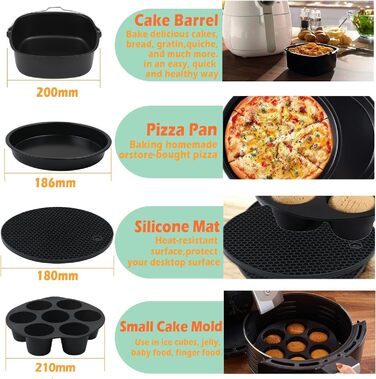 Аксесуари для фритюрниці MaxEarn 14 шт. , Набір аксесуарів для фритюрниці 8 дюймів з кухонним кошиком, формою для піци, тримачем для шампура, аксесуарами для фритюрниці Аерофритюрниці для ніндзя Philips Cosori Princess XL 5.5 л фритюрниці 14 предметів