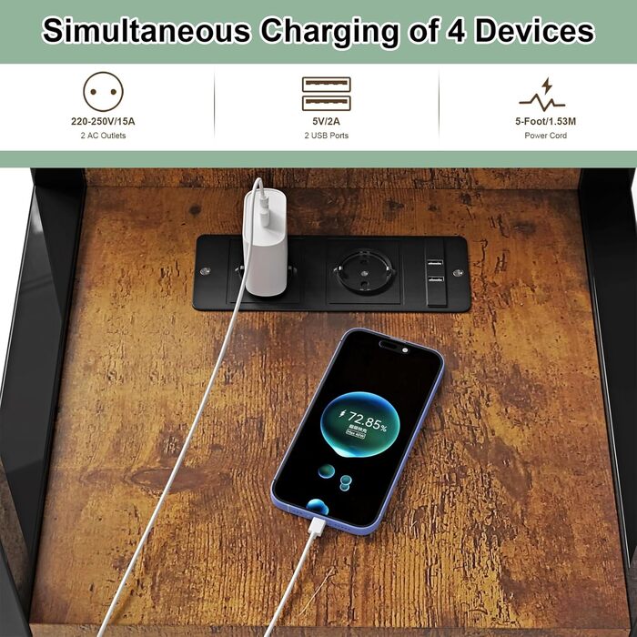 Журнальний столик на колесах, 80 см x 40 см, столик для ноутбука з розеткою та портом USB-C, регульована висота, дерев&39яний стіл, журнальний столик, тумбочка, спальня, вітальня, вінтажний вигляд дерева, колір вінтажного дерева