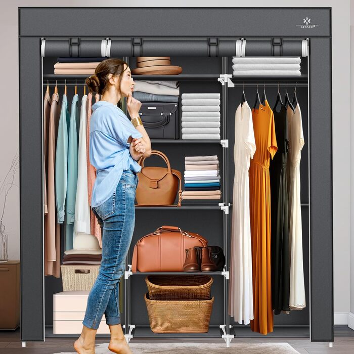 Тканинна шафа KESSER, міцна з вішалкою для одягу та полицями, вкл. 5 вішалок для одягу, тканинна складна шафа для спальні, гардеробна з вішалкою для одягу, 150x45x175 см, антрацит