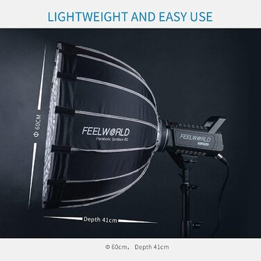 Портативний параболічний софтбокс FEELWORLD FSP60, 60 см 23,6 дюйма для FEELWORLD FL125D FL125B FL225D FL225B та інших студійних світильників Bowens Mount, для прямої трансляції, відеозйомки, фотографії Параболічний софтбокс 60 см