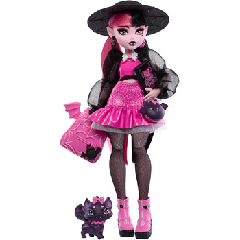 Лялька Monster High Дракулаура з її домашнім котом-летючою мышью, графом Фебулозом, та аксесуарами, такими як рюкзак, книга заклинань, коробка для бенто та багато іншого, HRP64