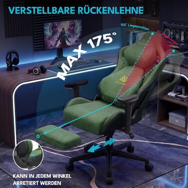 Ігрове крісло, офісне крісло, ергономічне, дихаюче ігрове крісло зі штучної замші, робоче крісло з підставкою для ніг, підголівником та поперековою подушкою, 3D-підлокітники, спинка 90-155, зелене