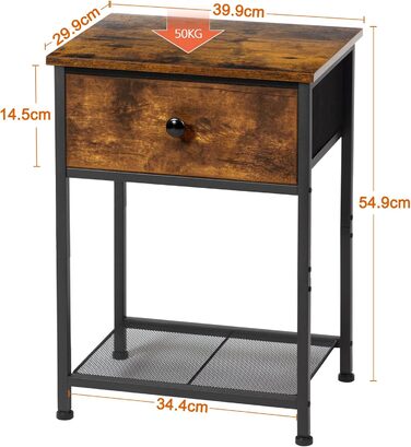 Набір з 2 тумбочек, Бічний столик з тканинними шухлядами, Тумбочка з 2 полицями, Тумбочка для спальні, Вітальні, Індустріальний стиль, 40 x 30 x 55 см Вінтажний коричневий EHET03SDBR