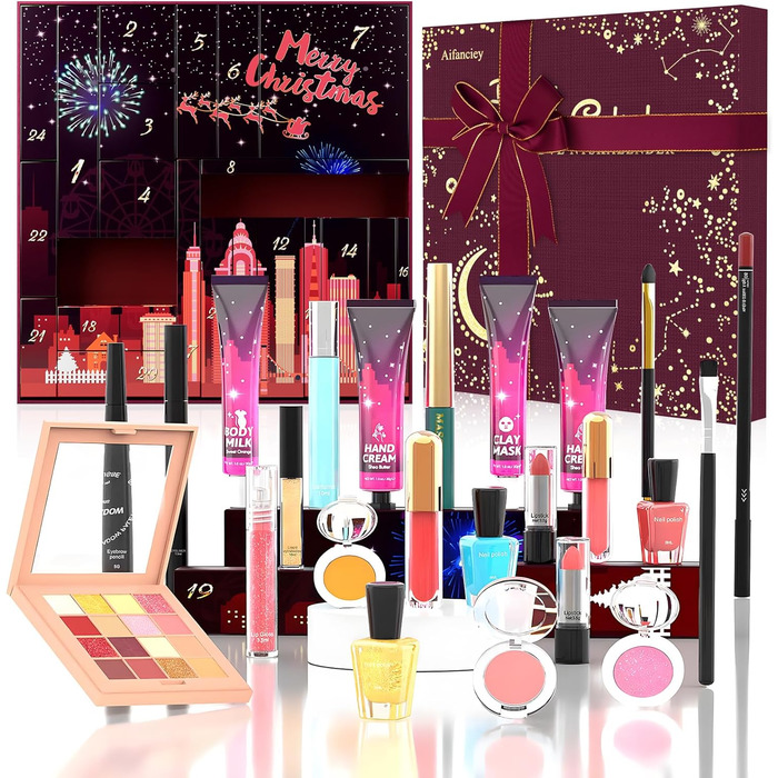 Адвент-календар краси, Адвент-календар макіяжу на 2025 рік, 24 вибрані унікальні косметичні засоби для догляду за шкірою, Сюрпризи з краси для жінок, підлітків та дівчат, Набори для макіяжу - Подарунки на Різдво