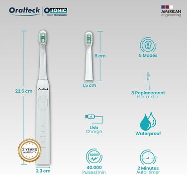 Зубна щітка OSONIC Electric Sonic Toothbrush 8 насадок для щітки, 5 режимів використання, відбілювання за 2 тижні, 2 хв., IPX8, підходить для дорослих і дітей, функція зарядки через USB (білий).