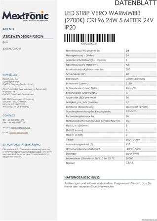 Світлодіодна стрічка Mextronic, 5м, тепле біле світло (2700K), високий індекс кольоропередачі (CRI 96), димована, 24W, 24V, IP20