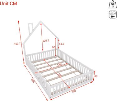Дитяче підлогове ліжко, двоспальне ліжко 140x200 см з поручнями, рейковою основою та формою димоходу ліжко Монтессорі, ліжечко, домашнє ліжко, дерев&39яне ліжко, каркас ліжка, дитяче ліжко, соснове дерево, без матраца, біле.