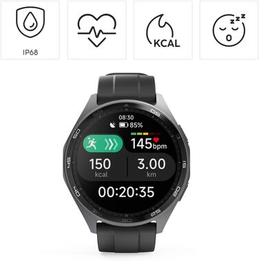 Розумний годинник Hama (кольоровий AMOLED-дисплей 1,43 дюйма, GPS, функція телефону, водонепроникний, WhatsApp, голосовий помічник, трекер сну, 110 спортивних режимів плани тренувань, крокомір, пульсометр, калорії тощо) чорний