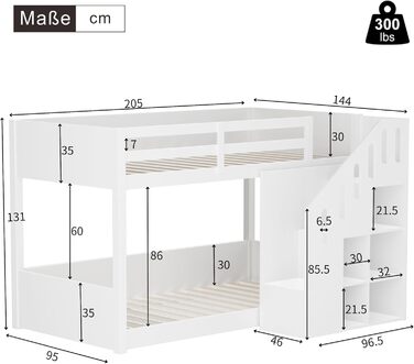 Двоярусне ліжко 90x200 см двоспальне ліжко зі сходами для зберігання речей, дитяче двоярусне ліжко зі стабільним та надійним захистом від падіння для 2 осіб, дитяче ліжко з місцем для зберігання речей/шафками/рейковим каркасом, без матраца (Білий, 90x200 