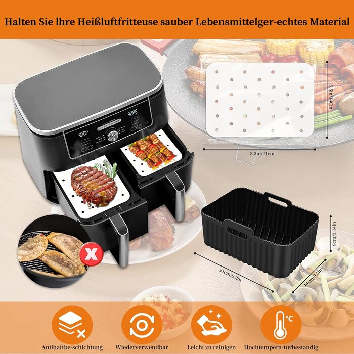 Аксесуари для фритюрниці з 2 силіконовими формами для фритюрниці, двошаровою решіткою для гриля, двозонними аерофритюрницями Аксесуари для фритюрниці Ninja AF300EU AF400EU, COSORI 8.5 л, Cookwise 9 л, мікрохвильова піч, стиль духовки 2