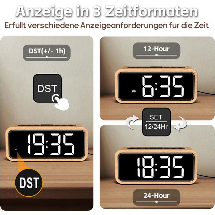 Гучний будильник для тих, хто міцно спить, дерев&39яний цифровий будильник зі світлодіодним дисплеєм, 12 мелодій будильника, 5 налаштувань яскравості, 5 рівнів гучності, ручний перехід на літній час, ретро-коричневий будильник для спальні (буково-білий)