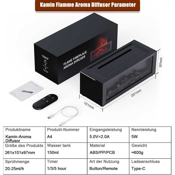 Аромадифузор Holwim зі світлодіодним каміном, ароматичний дифузор для ефірних олій із 7-кольоровим ефектом полумя, зволожувач повітря обємом 150 мл із дистанційним керуванням, 4 таймери, безводне автоматичне відключення (чорний)