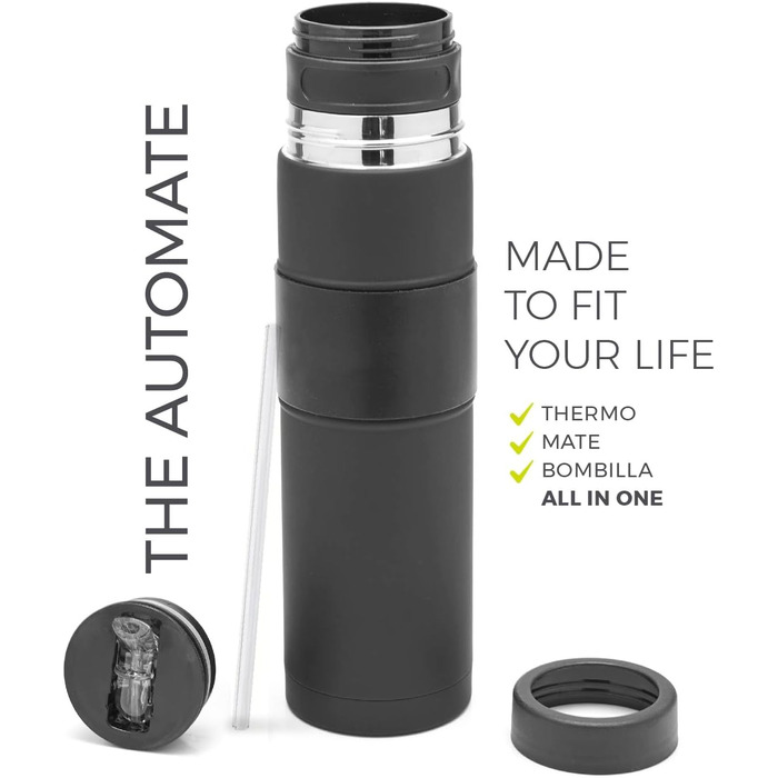 Новий - Автоматичний термос з нержавіючої сталі - Термос, чашка для мате та бомбілья в одному - Не потрібно наповнювати щоразу, коли хочеться випити (Чорний)