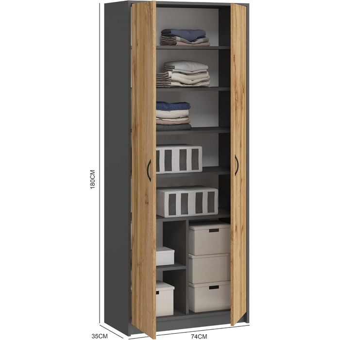 Домашня колекційна шафа, багатофункціональна шафа, полиця, сіра, ширина 74 см, висота 180 см, з шістьма полицями та додатковим відділенням, картотечна шафа, побутова шафа, органайзер, дерев&39яна багатофункціональна шафа 8 полиць, антрацит/дуб