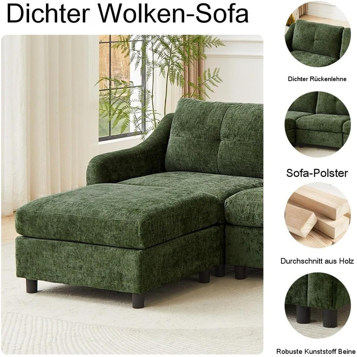 Кутовий диван JIEXI з функцією сну, вельветовий диван, L-подібний диван, кутовий диван, диван-ліжко, 251 см (темно-зелений, 3 місця 1 пуф)