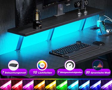 Ігровий стіл ODK зі світлодіодним освітленням та розетками, L-подібний ігровий стіл 100 см з місцем для зберігання, кутовий стіл з підставкою для монітора, комп&39ютерний стіл з вуглецевого волокна, чорний