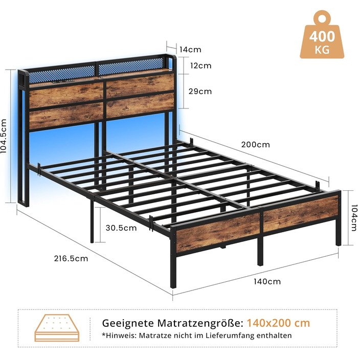Ліжко IRONCK 140x200 см, Каркас ліжка 140x200 зі світлодіодним освітленням та зарядною станцією (2 розетки, 1 USB та 1 порт Type-C), Металеве ліжко, Двоспальне ліжко, Дитяче ліжко з рейковою основою, Місце для зберігання під ліжком