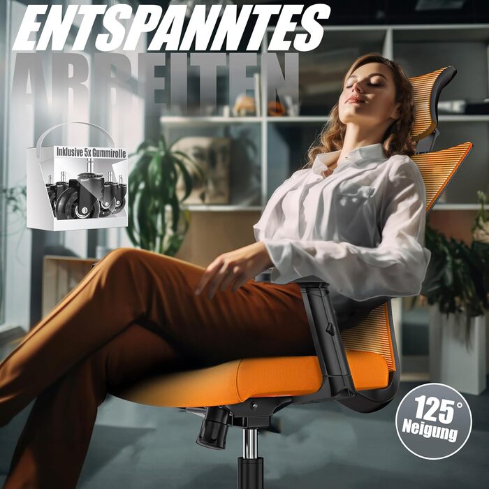 Ергономічне офісне крісло KESSER з регульованими підлокітниками Обертове крісло з поперековою опорою Крісло для роботи з підголівником, що забезпечує комфорт спини Функція нахилу до 125 з 5 гумовими колесами, помаранчеве/чорне