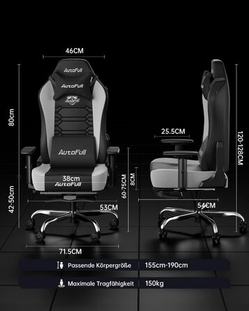 Ергономічне ігрове крісло AutoFull C3 Ігрове крісло з 2D підлокітниками, підставкою для ніг, підголівником та поперековою опорою Вантажопідйомність 150 кг Зручний тканинний чохол (чорний та білий)