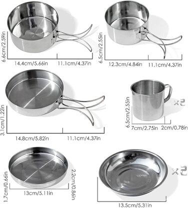 Набір посуду з нержавіючої сталі 8 предметів для кемпінгу та відпочинку на природі, портативний набір мисок та тарілок для пікніка Легкий кухонний набір з харчової нержавіючої сталі для піших прогулянок, подорожей з рюкзаком, подорожей та барбекю