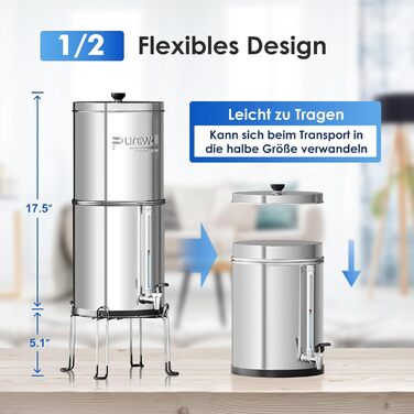 Ступінчаста гравітаційна система ультрафільтрації Purewell зі скляним індикатором рівня води, система стільниці з нержавіючої сталі 304 з 4 елементами та кронштейнами, зменшує вміст фтору та хлору 5,7 літра, 6-