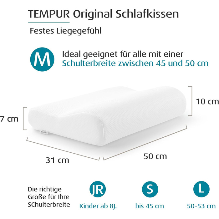 Подушка для сну TEMPUR Original з піни з ефектом пам&39яті, ергономічна подушка для підтримки шиї для сну на боці та спині, жорстка, M (50 x 31 x 10/7 см), білий M (50 x 31 x 10/7 см) одномісний