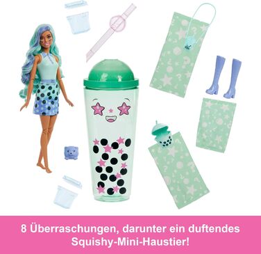 Лялька та аксесуари серії Barbie Pop Reveal Bubble Tea, лялька-модель із запашного зеленого чаю з домашнім улюбленцем, 8 сюрпризів
