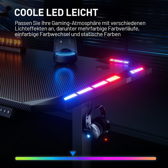 Стіл з регулюванням висоти 140 x 60 см, ігровий стіл зі світлодіодним освітленням, електричний стіл, стіл для роботи сидячи та стоячи з вуглецевим волокном, електричний комп&39ютерний стіл з 3-функційною пам&39яттю, чорний