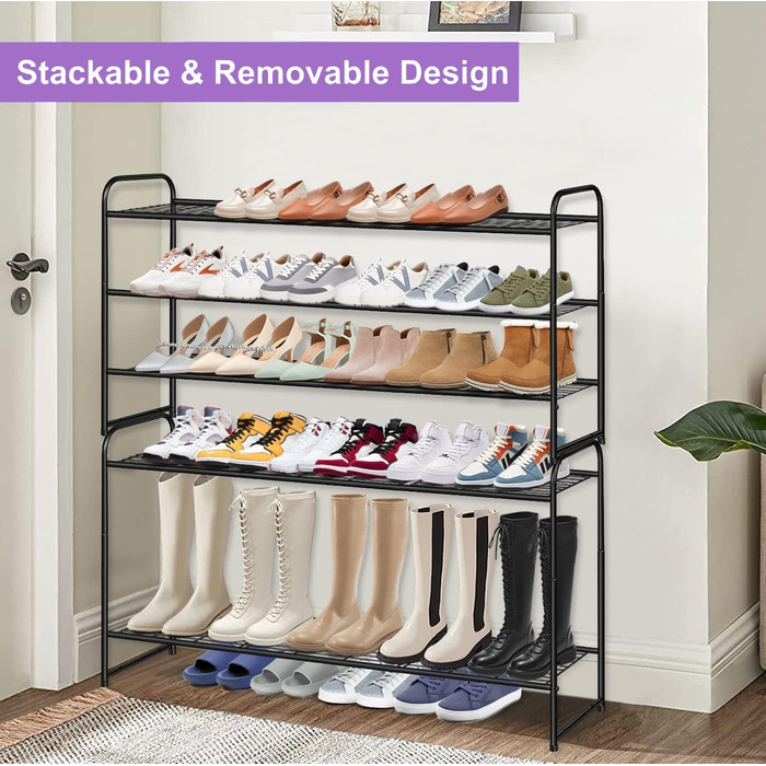 Довга взуттєва полиця з 3 ярусами, вміщує 24 пари, міцна чорна взуттєва полиця для чоловіків та жінок, з дротяною сіткою, металева взуттєва полиця, полиця для шафи, передпокою, спальні, 3 полиці, чорна