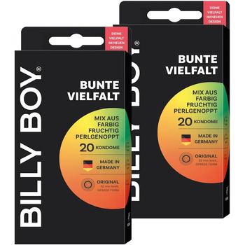 Презервативи BILLY BOY, кольорове різноманіття, 20 шт. 52 мм Різнокольоровий, фруктовий та ребристий мікс презервативів (2 x 20 шт. )