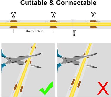 Світлодіодна стрічка TTWAY COB Тепла біла світлодіодна стрічка з 384 світлодіодами / м, CRI 93, DC24V, 8 мм роз'ємом Cob, рівномірним світлом, світлодіодною стрічкою для прикраси спальні (блок живлення не входить в комплект) (2700k, 5M)