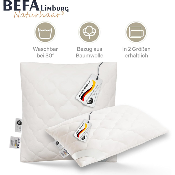 Подушка BEFA NATUR з верблюжої шерсті 40x80 см, наповнювач 100 верблюжа шерсть, бавовняний чохол, Oeko-TEX клас 1, виготовлена в Німеччині, гіпоалергенна