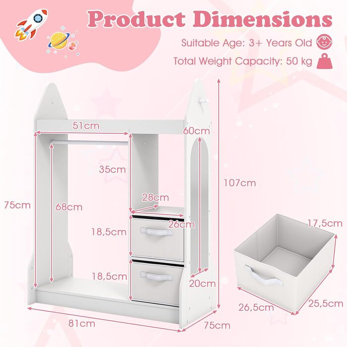 Дитяча шафа FANTASK з тканинними шухлядами, 81 x 38 x 107 см, Дитяча шафа з дзеркалом та вішалкою для одягу, Дерев&39яна вішалка для одягу для дитячих кімнат (біла)