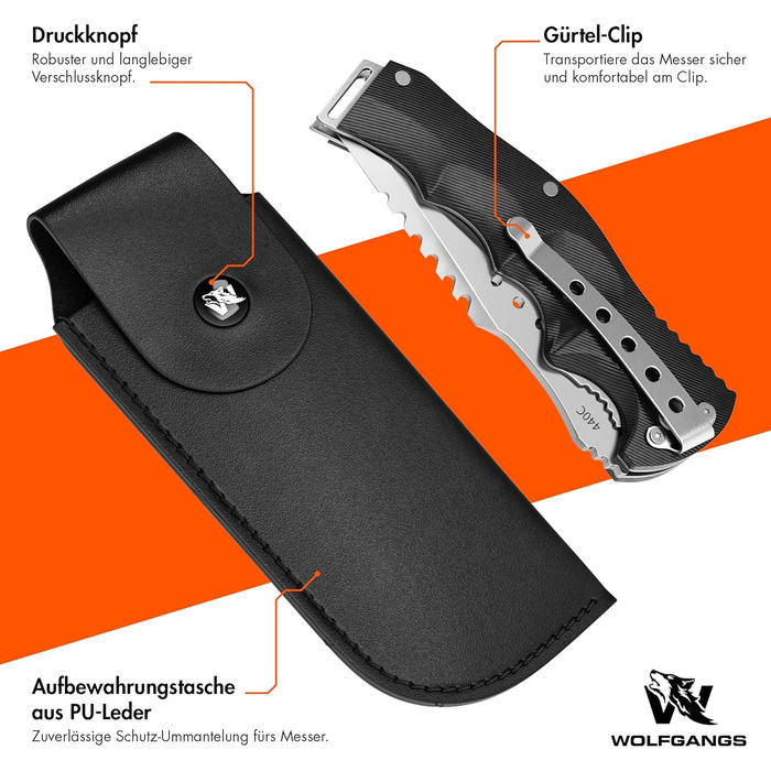 Дворучний складаний ніж Wolfgangs UNDIQUE з високоякісної сталі 440C - ЛЕГАЛЬНИЙ для носіння в Німеччині - Туристичний ніж з багат