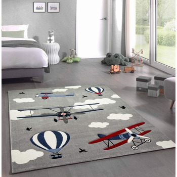 Килим для дитячої кімнати Літаки Біплан Повітряна куля сірий синій крем Розмір 200 х 290 см