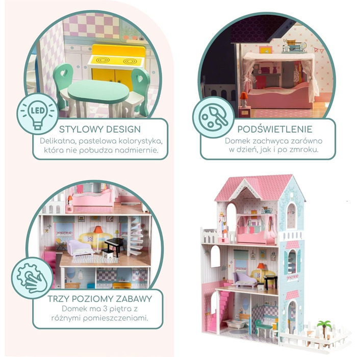 Дерев&39яний ляльковий будиночок 123 см зі світлодіодним підсвічуванням Великий ляльковий будиночок для дітей віком від 3 років з меблями та садом Ляльковий будиночок з підсвічуванням та аксесуарами Креативний ігровий будиночок для дівчаток