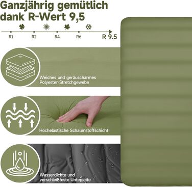 Самонадувальний килимок для сну OUTSKIRT, кемпінговий матрац товщиною 10 см з насосним мішком, коефіцієнт теплоізоляції 9,5, самонадувальний килимок для сну для намету, автомобіля, вантажівки або фургона, зелений, подвійний