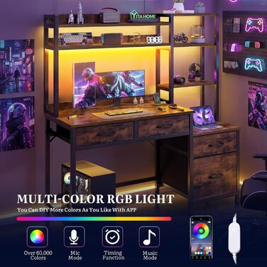 Комп&39ютерний стіл YITAHOME з шухлядами, кутовий комп&39ютерний стіл для домашнього офісу з місцем для зберігання та полицями, ігровий стіл-робоча станція зі світлодіодним освітленням та розетками, кутовий стіл, вінтажний коричневий