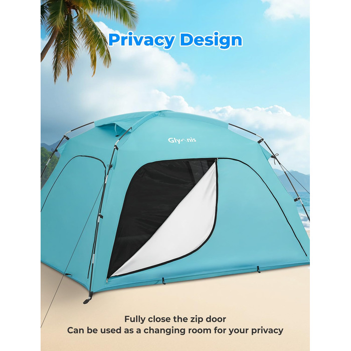 Пляжний намет Glymnis Beach Shelter з 4 дверима на блискавці та сітчастими дверима, захист від ультрафіолету UPF50, вітронепроникний, невеликий розмір у упаковці, пляжний намет для 3-4 осіб, синій