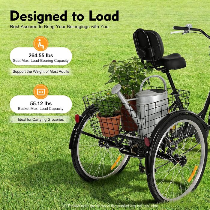 Дюймовий триколісний велосипед для дорослих, 7-швидкісний 3-колісний триколісний велосипед для покупок з кошиком, регульованим сидінням, міський велосипед, велосипед для відпочинку, триколісний велосипед для покупок для старших (чорний), 24-
