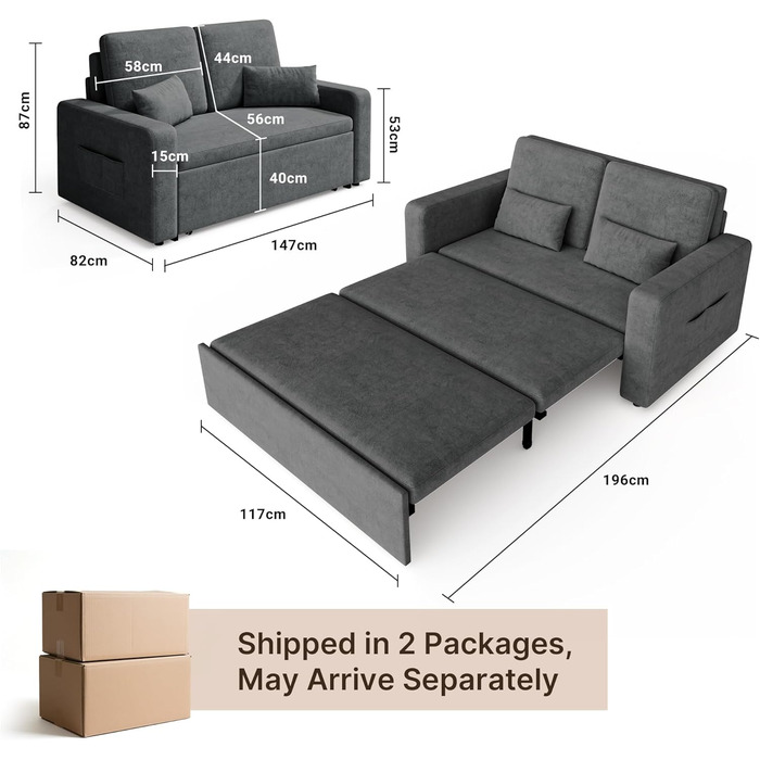 Диван Xbro з функцією сну 147x196x87 см, 2-місний розкладний диван-ліжко з 4 колесами, сучасний велюровий диван-ліжко, темно-сірий